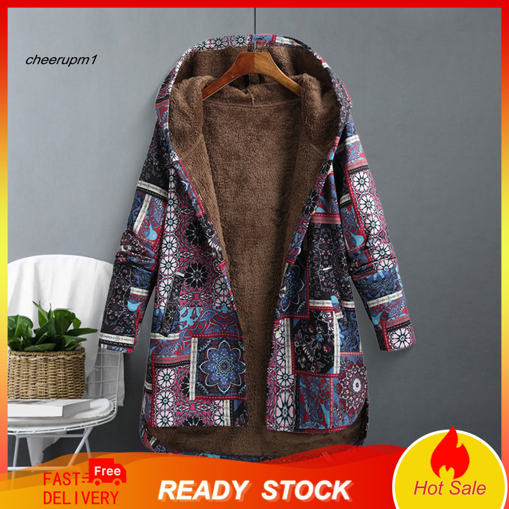 Women Fleece Jacket Mid-length Hooded for Women’s Ethnic Print Warm Coat Button Front Long Sleeve Outerwear for Fall W