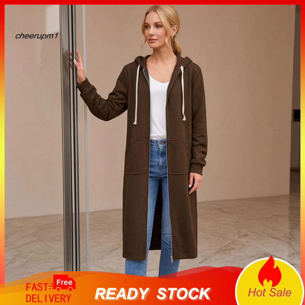 Women Tunic Sweatshirt Loose Fit Outerwear Women’s Long Hooded Jacket with Pockets Fall Winter Zip-up Hoodie Coat for