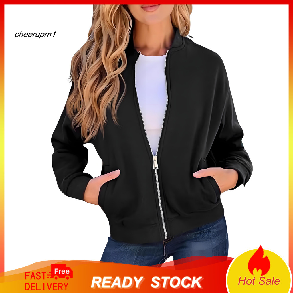 Women Outerwear Polyester Jacket Women’s Full Zip with Pockets – Lightweight Long Sleeve Sweatshirt for Spring Fall