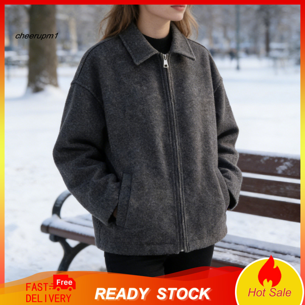 Comfortable Spring Jacket Women Coat Women’s Zip-up Wool Pea with Pockets – Long Sleeve Lapel Fall Outerwear Lightwe