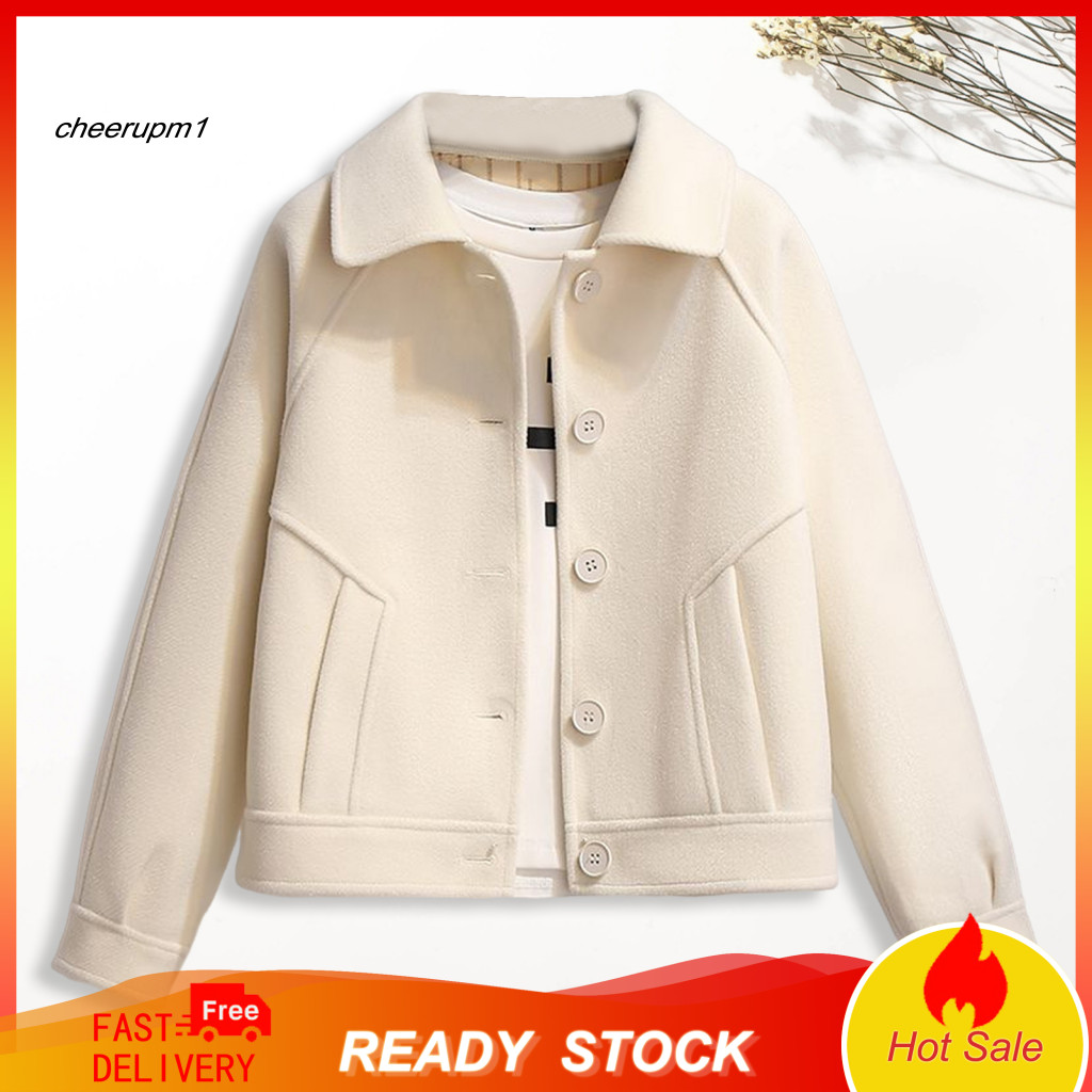 Women Jacket Outerwear Lady Fall Winter Woolen Coat with Hood Side Pockets Single-breasted Plaid Mid-length Overcoat Thi