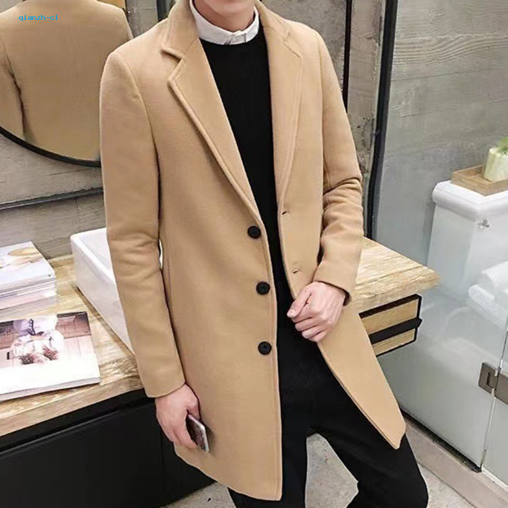 Wool Coat Business Men's Fall Winter Mid-length Solid Color Single-breasted Lapel Cardigan Anti-wrinkle Formal Outerwear
