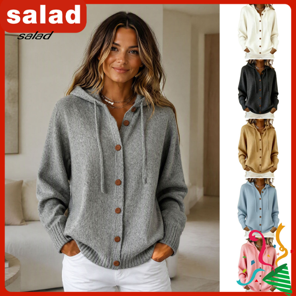 Long Sleeve Hooded Outerwear Button Front Knitted Sweater Women’s Cardigan – Knit Hoodie Solid Color for Fall for Ev