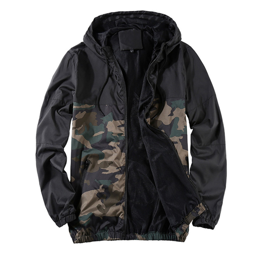 Hooded Jaxcket Men Outerwear Men's Fall Winter Jacket Breathable Mesh Coat with Drawstring Zipper Closure Camouflage Pri