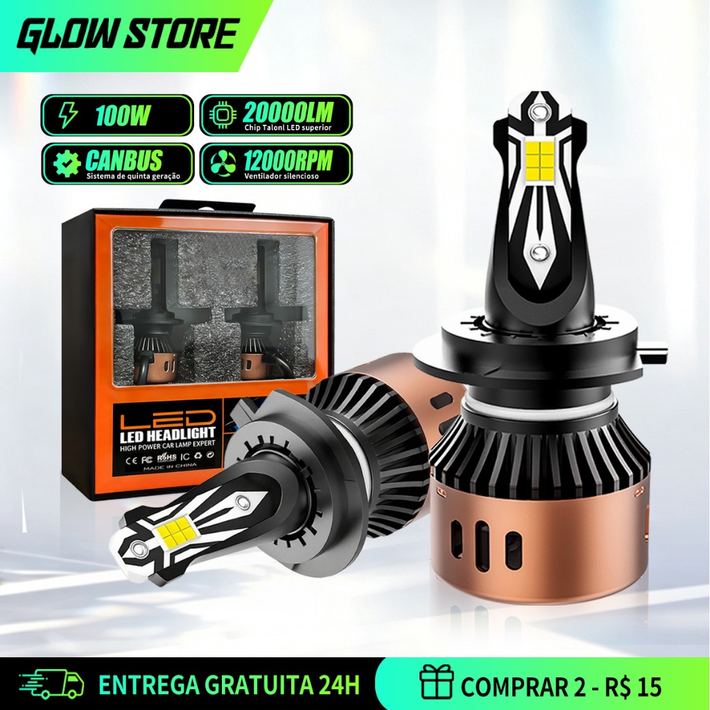Kit Lâmpada LED R11 100W 20000LM Decodificador Embutido para H1 H3 H4 H7 H11 9005 9006 Vida Longa e Estável