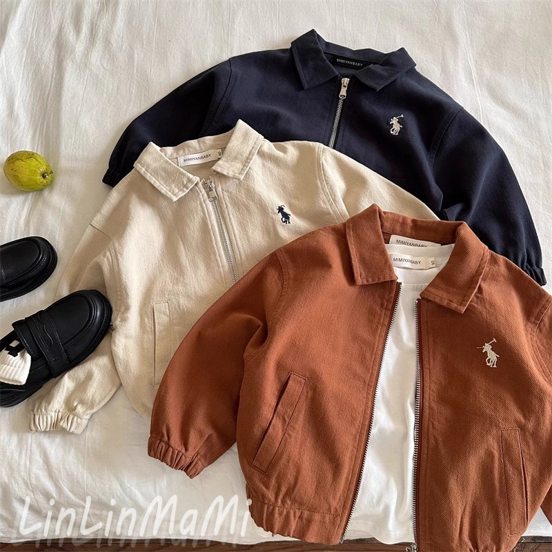 Jaqueta Infantil para Primavera e Outono, Estilo Coreano, Casaco Elegante para Meninos com Gola Reversível Bordada e Zíp