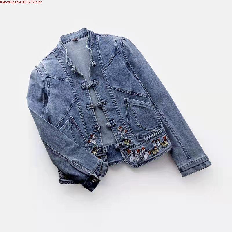 Jaqueta jeans curta vintage chinoiserie bordado stretch jaqueta feminina primavera e outono combina com tudo moda Haraj