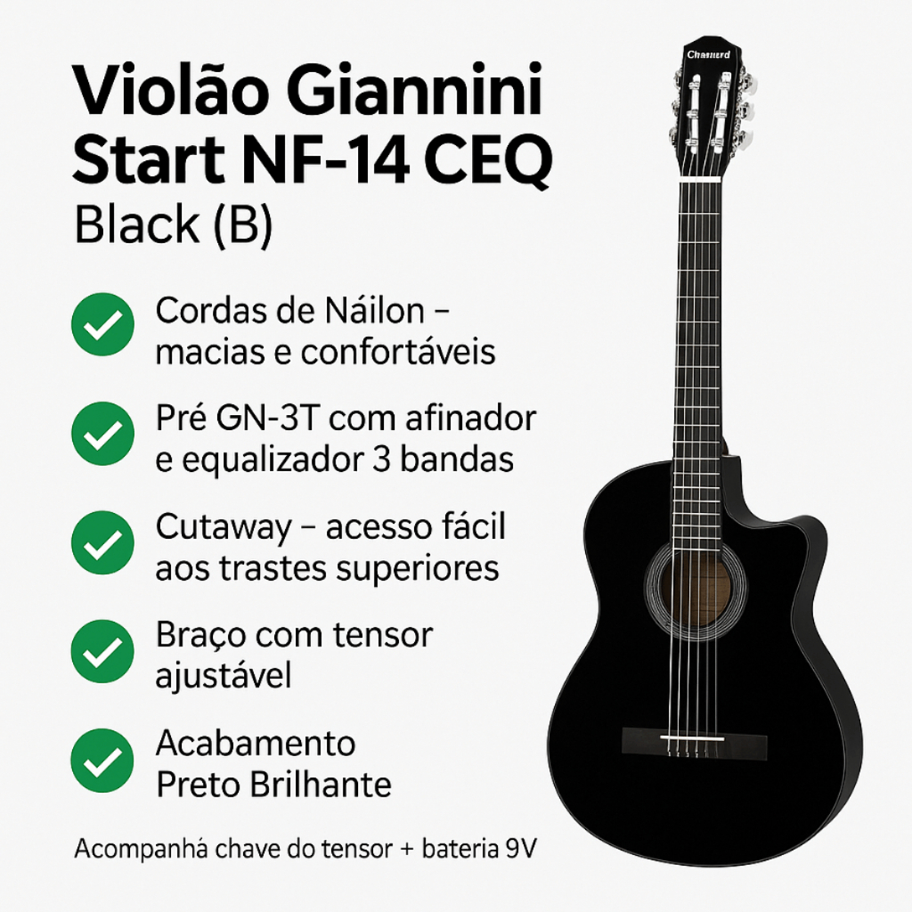 Violão Eletroacústico Giannini Start Cordas Náilon Black