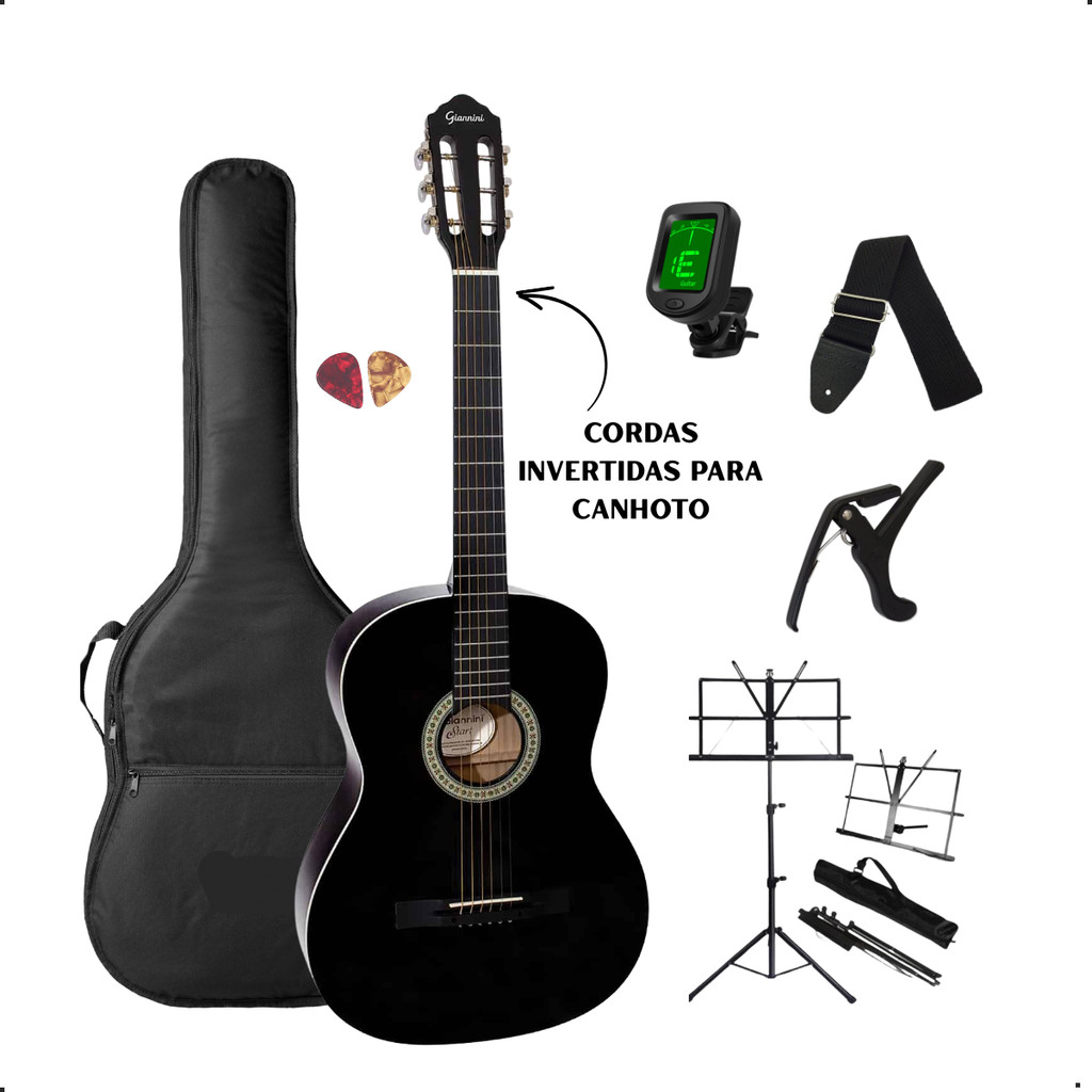 Violão Canhoto Nylon Preto Giannini Start N-14 + Acessórios
