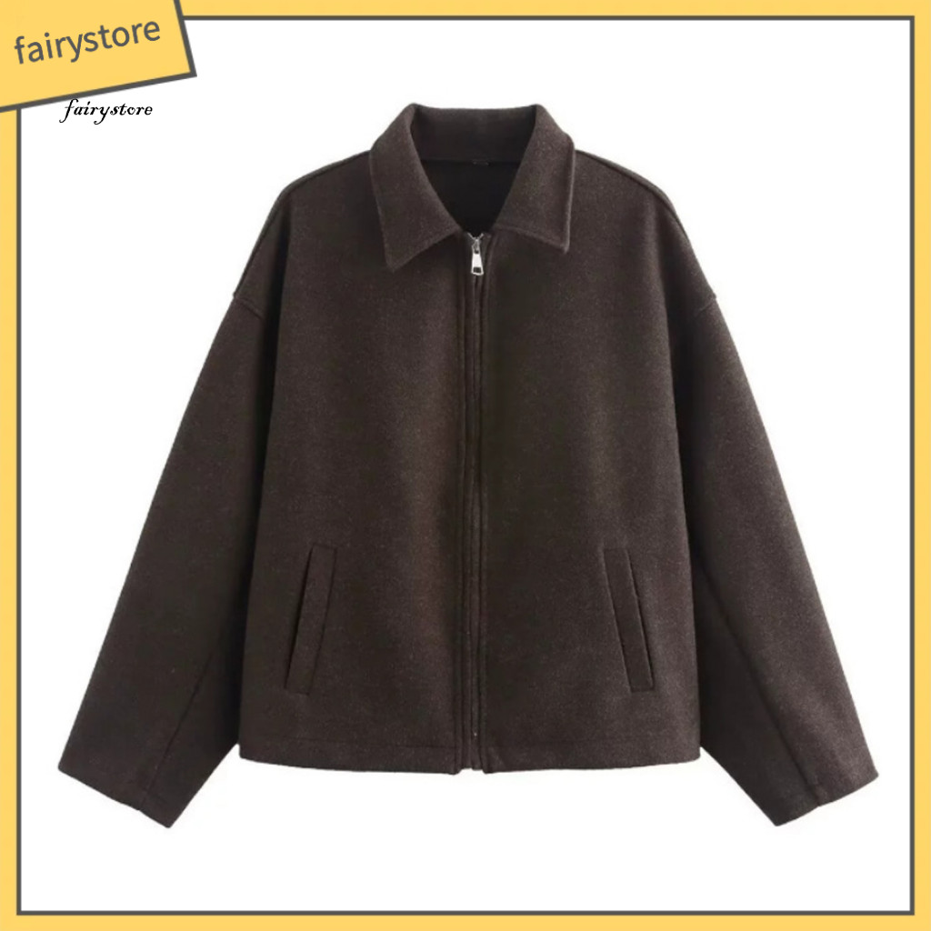 Soft Polyester Jacket Women Coat Women’s Zip-up Wool Pea with Pockets – Long Sleeve Lapel Fall Spring Outerwear Ligh