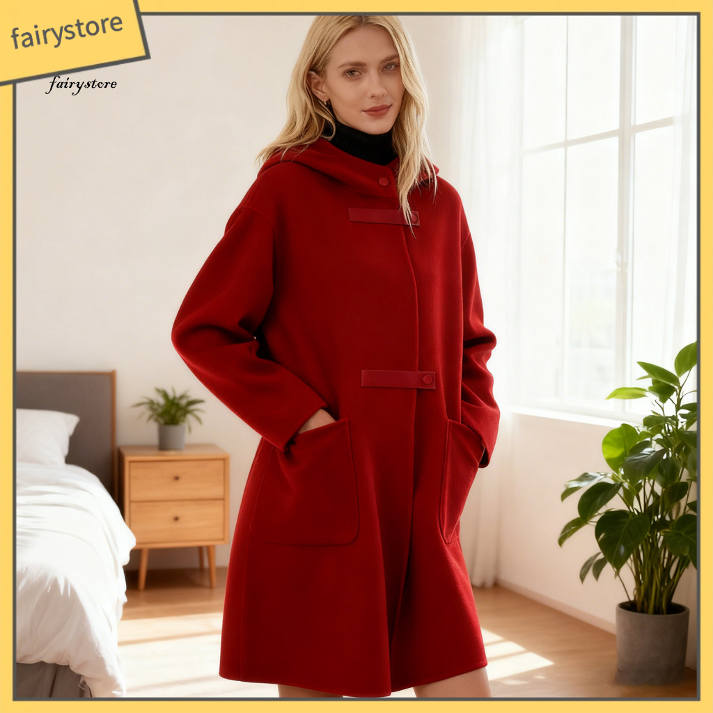 Autumn Wool Coat Women Women’s Long Blend with Hood Single-breasted Casual Trench Pockets Warm Fall Winter Outerwear f