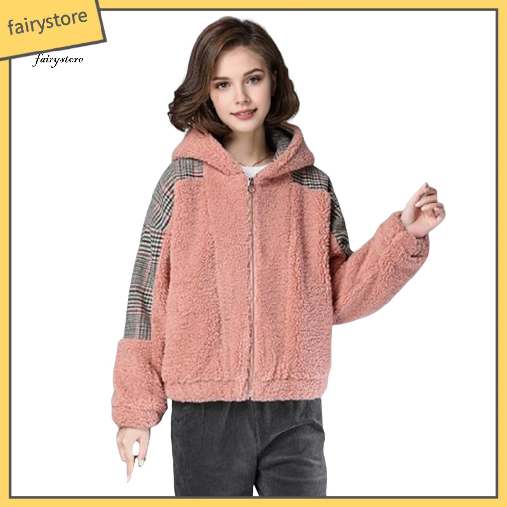 Women Hooded Jacket Color Block Women’s Fall Winter Fleece – Warm Thick Zip-up Outerwear with Pockets Long Sleeves L