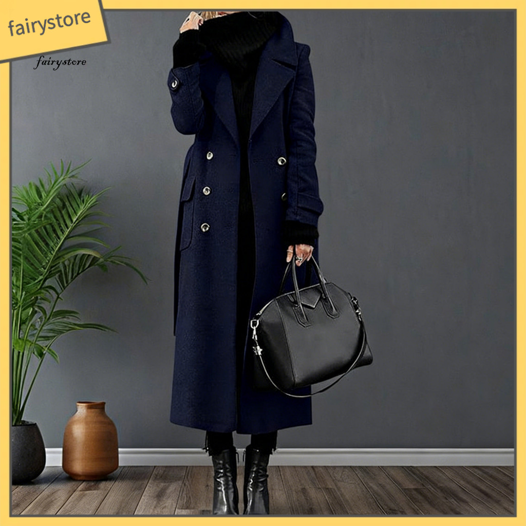 Women Coat Elegant Outerwear Women’s Double Breasted Long Trench with Belt – Classic Lapel Peacoat Warm Fall Winter