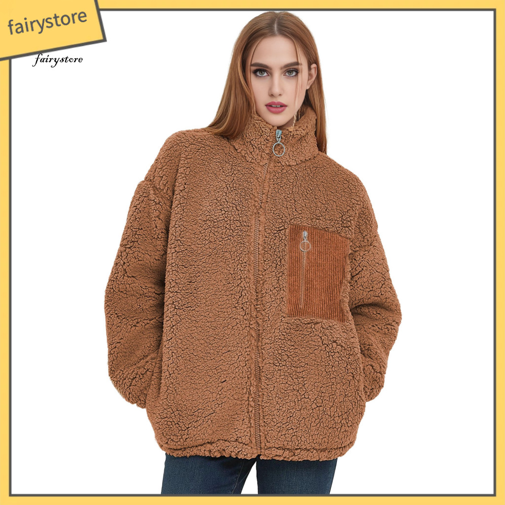 Women Coat Loose Fit Women’s Fleece Jacket Long Sleeve Zip-up Sherpa Warm Outerwear with Pockets for Fall Winter Soft