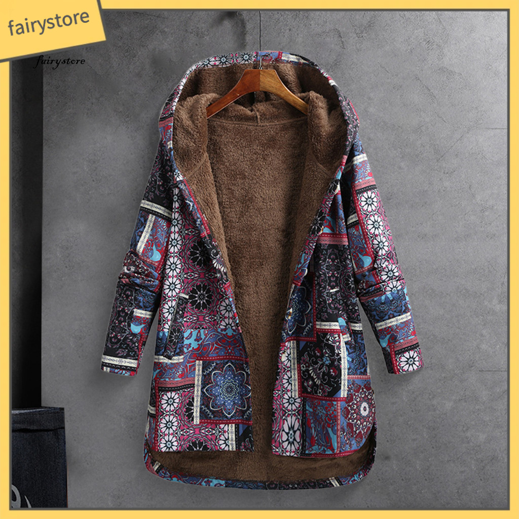Women Fleece Jacket Thermal Hooded for Women’s Ethnic Print Warm Coat Button Front Long Sleeve Outerwear for Fall Wint