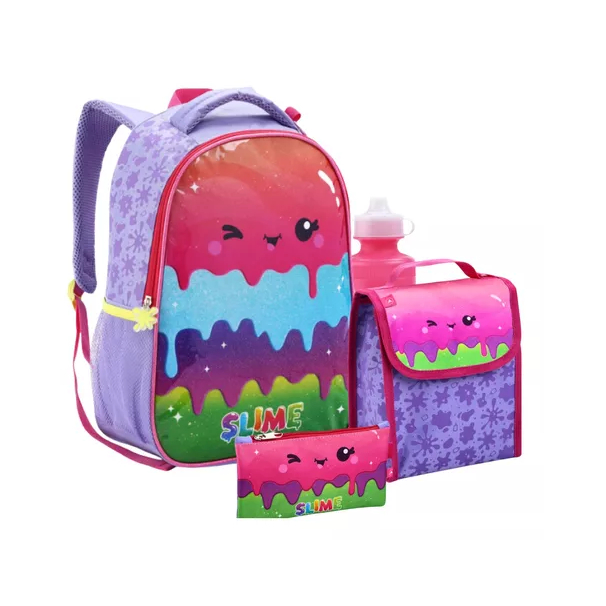 Mochila Escolar Slime Original Lancheira Estojo Garrafa