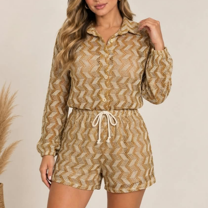 ​Conjunto Feminino Camisa De Botão + Short Com Forro E CORDÃO Malha Jacquard Texturizada