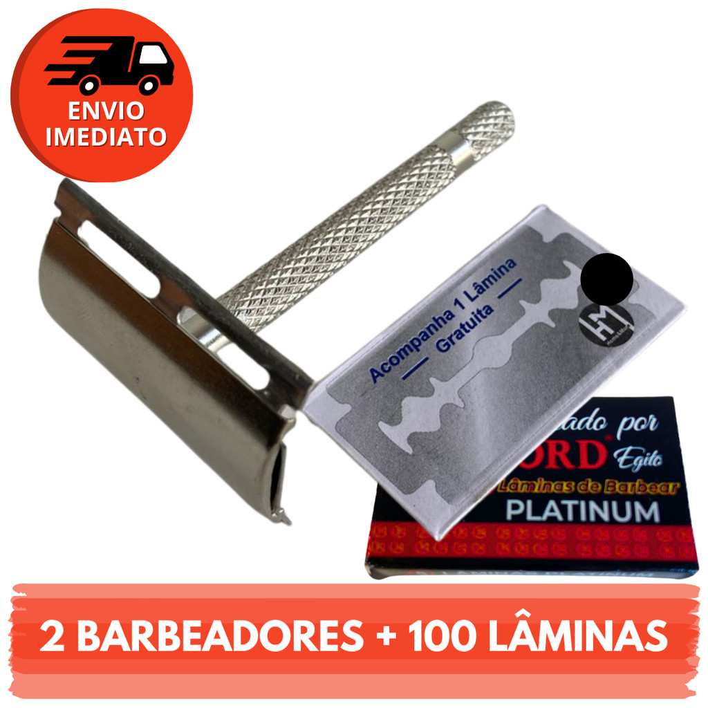 Kit Barbeador Metal Clássico Retrô Com Lâmina Para Barbear E Navalha Profissional Aço Inox