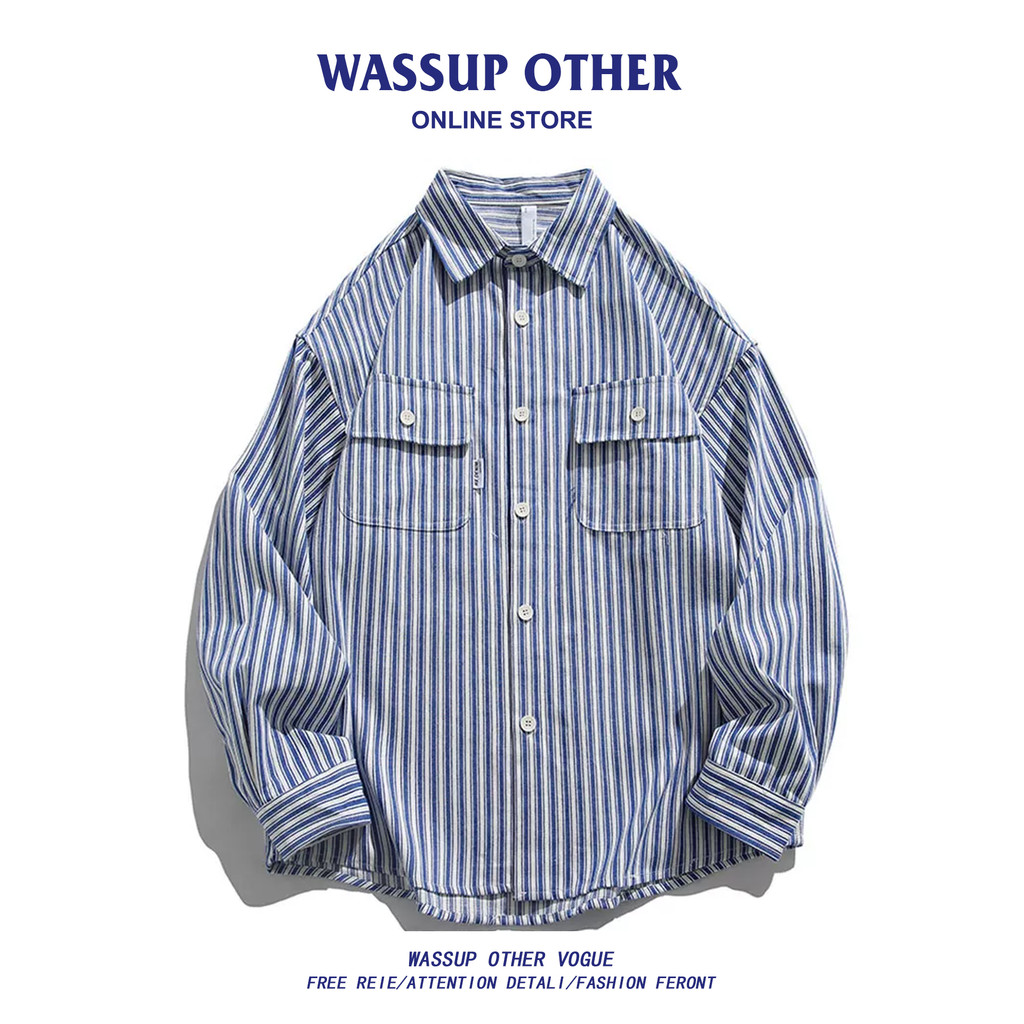 WASSUP ISSUE Workwear Camisa de Manga Comprida Jaqueta Masculina Primavera Outono Americano Retro Azul Branco Camisa Lis