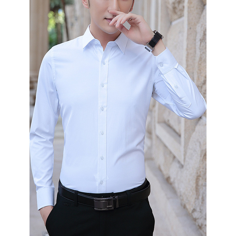 Primavera outono camisa fina masculina de manga comprida fino-ajuste negócios Workwear branco-Polegada camisa gola branc
