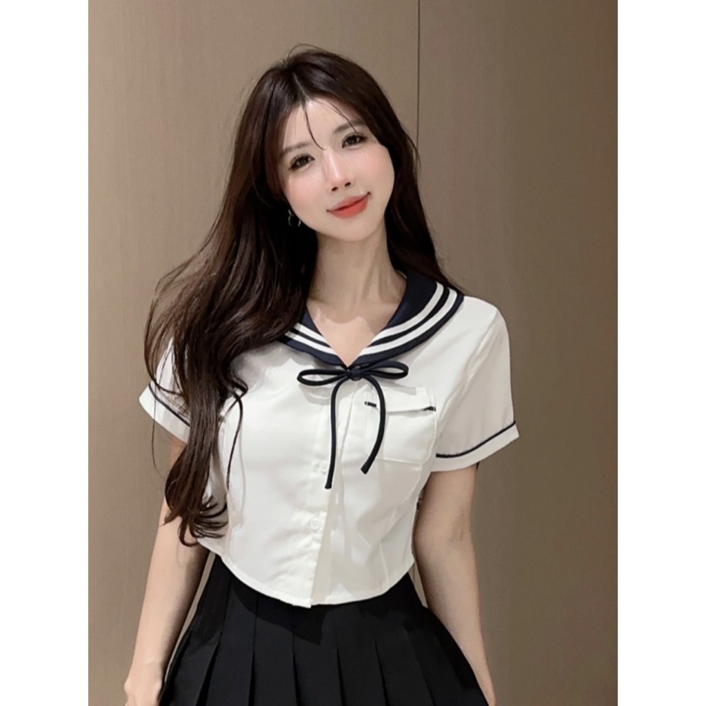 Verão estilo Preppy branco camisa de manga curta feminina topo curto jk uniforme Workwear arco gola marinha camisa