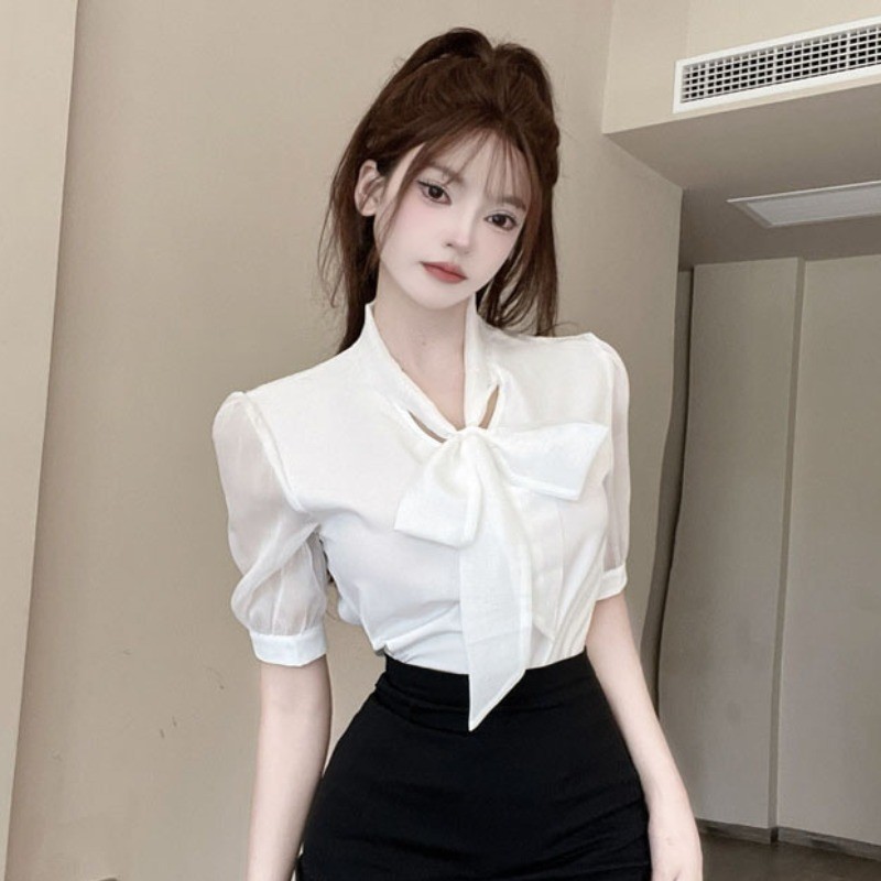 Verão francês arco camisa feminina de manga curta Chiffon camisa Hotel Workwear profissional Wear temperamento branco to