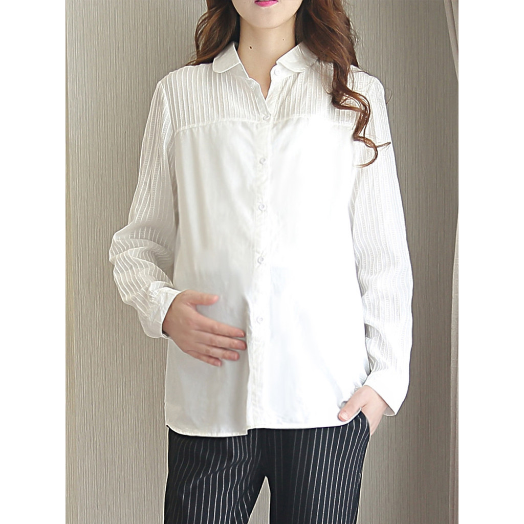 Camisa de maternidade primavera outono novo estilo puro algodão costura branco topo de manga comprida Commuter Workwear