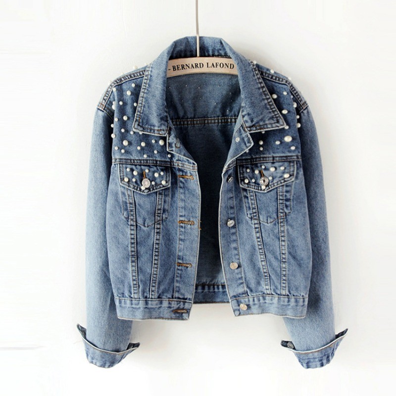 Mulheres Denim Jaqueta Primavera Outono Prego Grânulo Cravejado Diamante Luz Azul Feminina Casual Curto Jean Casaco