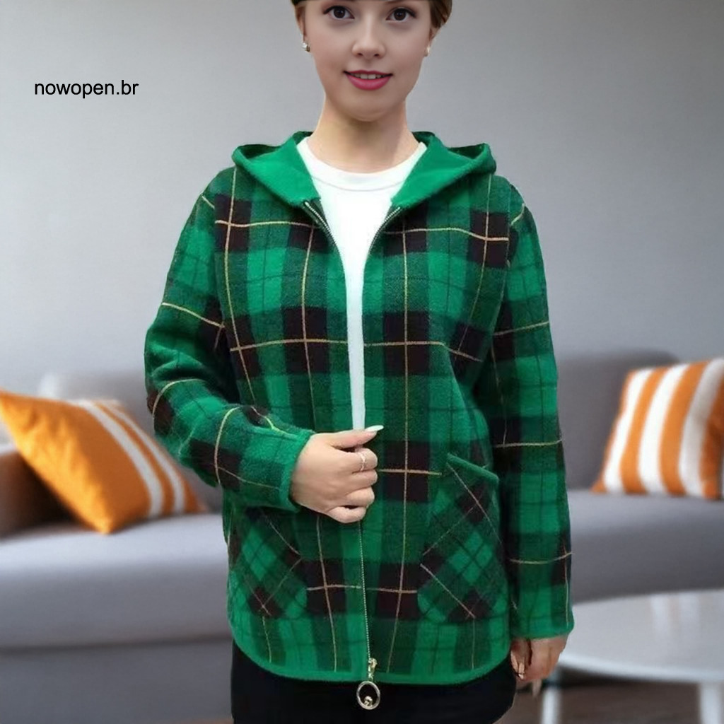 Women Outerwear Polyester Coat Women’s Plaid Shacket Jacket – Casual Wool Blend Long Sleeve Zip-up Hooded Warm Fall