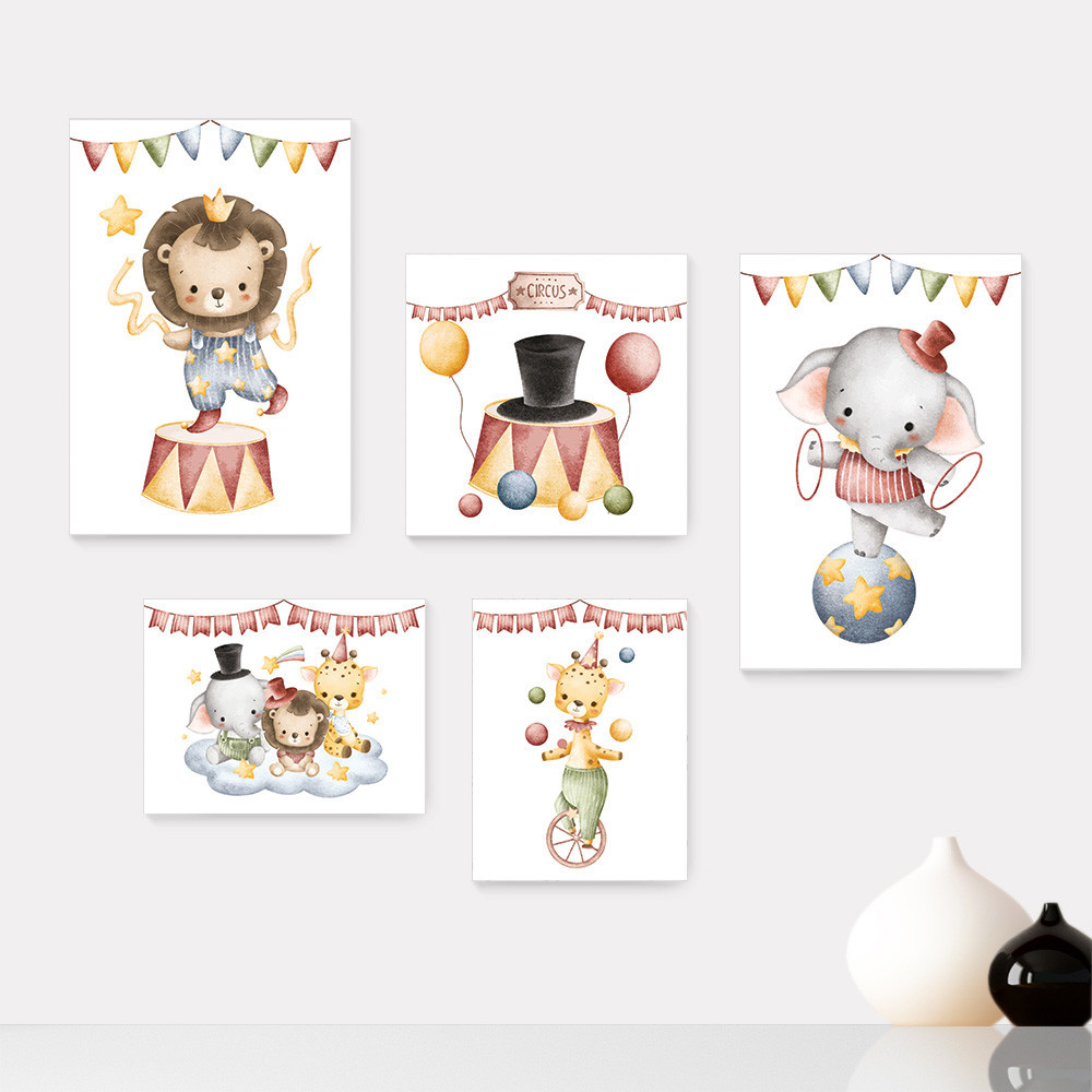 Kit 5 Quadros Decorativos Circo Animais Infantil Bebe Baby Quarto Menino Menina Escola Placas - 423ktpl5