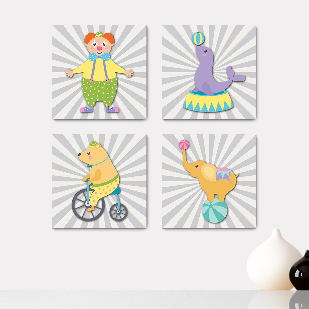 Kit 4 Quadros Decorativos Circo Animais Infantil Bebe Baby Quarto Menino Menina Placas - 0151ktpl4