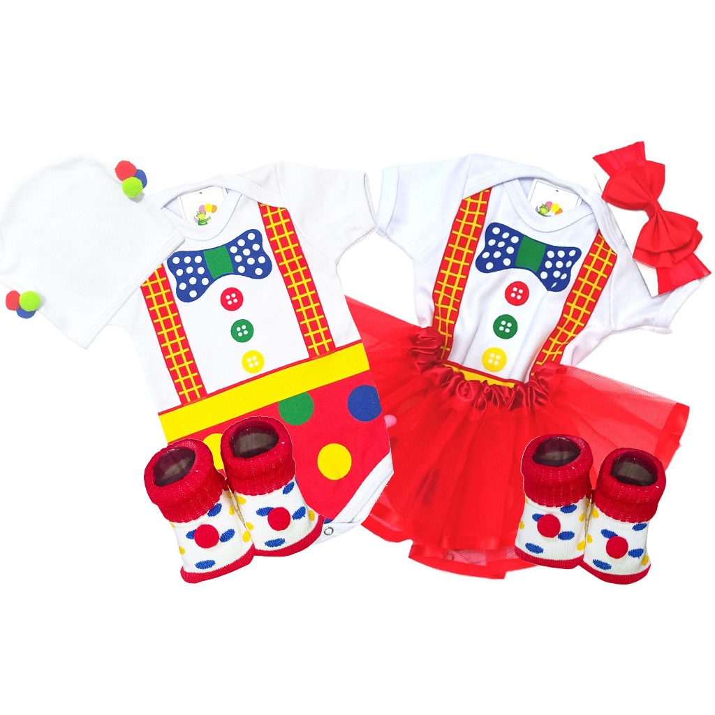 Body Temático Mesversário Fantasia Bebê Menino Menina Palhacinho Palhacinha Circo + Acessórios