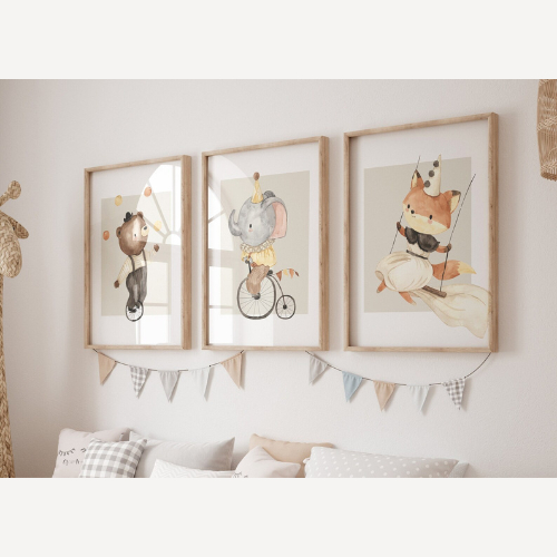 Kit 3 Quadros Decorativos Infantil Animais Do Circo | Quarto Bebê Menino e Menina – O Grande Espetaculo No1