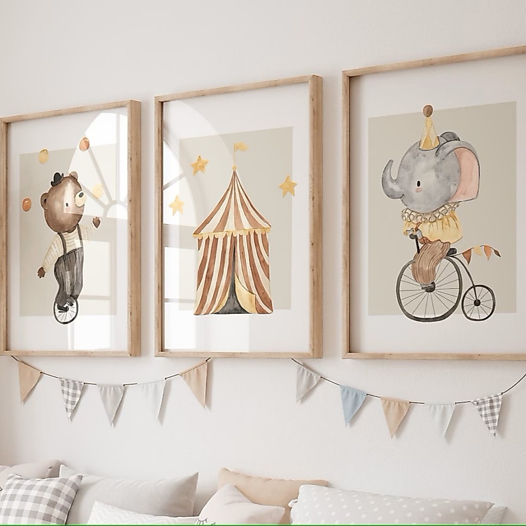Kit 3 Quadros Decorativos Infantil Animais Fofos do Circo | Quarto Bebê Menino e Menina – Circo Encantado No1