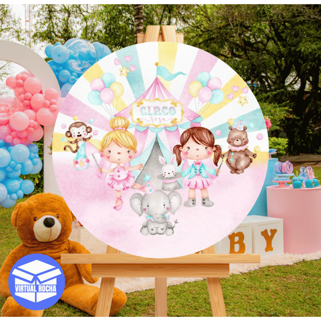 Painel Quadro Redondo Circo Decoração Aniversario Rosa Menina Infantil MDF 50x50