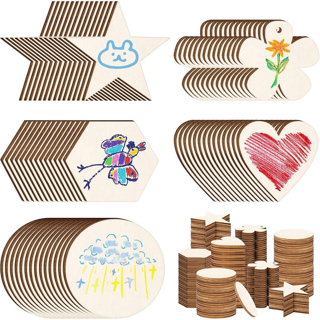 Hilitchi 200Pcs Multi Shape Unfinished Wooden Crafts DIY Wooden Cutouts Star Flower Circle Hexagon Heart Shapes Unfinish