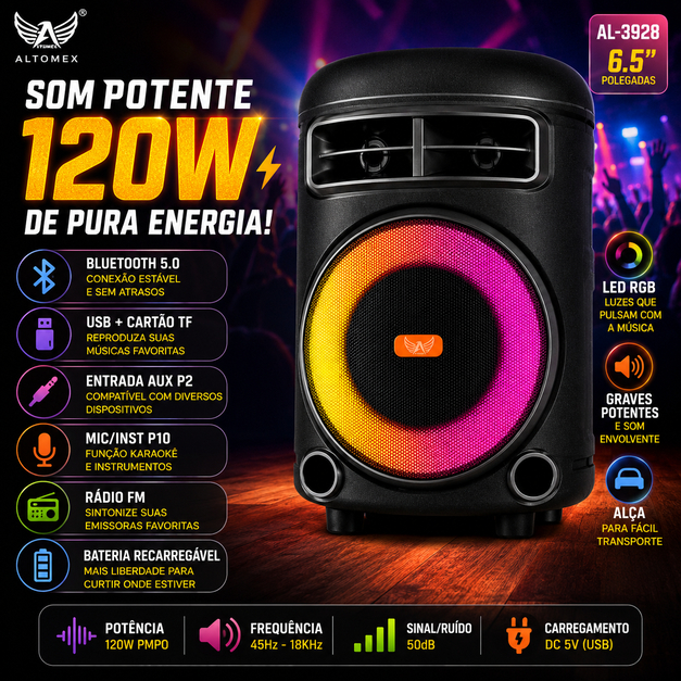 Caixa de Som Bluetooth 120W Altomex AL-3928 LED RGB Entrada P10 P2 USB TF FM Portátil Karaokê