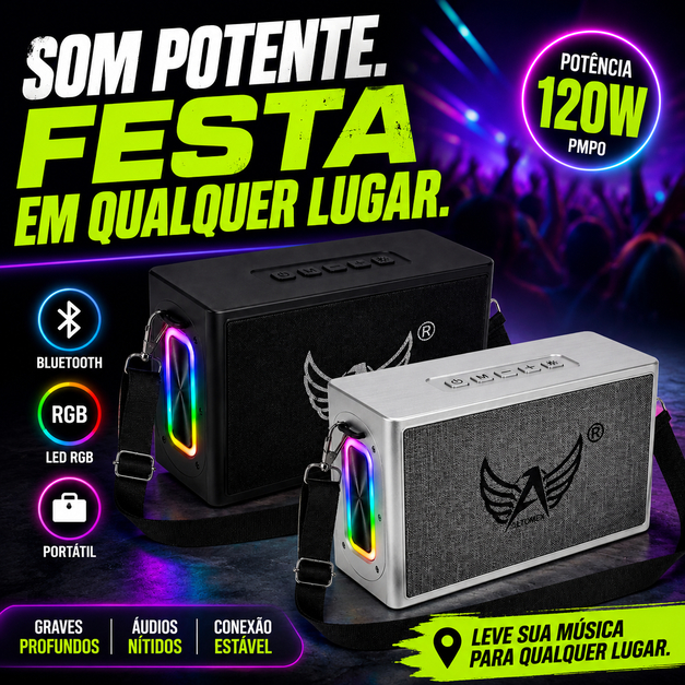 Caixa de Som Bluetooth 120W Altomex AL-8303 LED RGB Portátil USB FM Micro SD com Alça