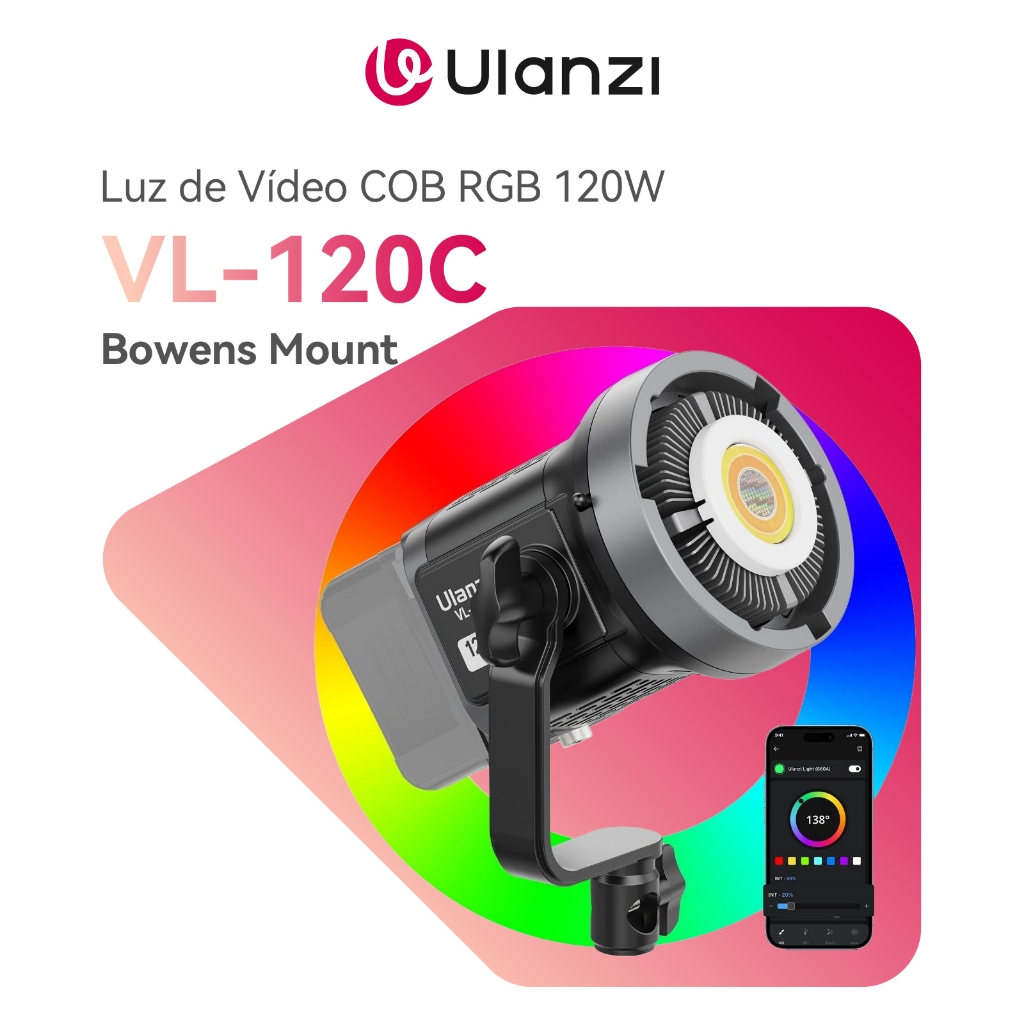 ULANZI VL-120C Luz de Vídeo COB RGB 120W, Bowens Mount, Controle por App, para Fotografia e Vídeo