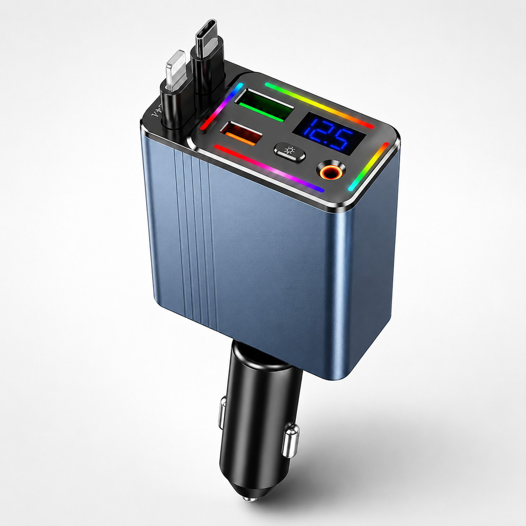 Carregador Veicular Retrátil 120W USB-C Lightning Carga Rápida Display LED RGB