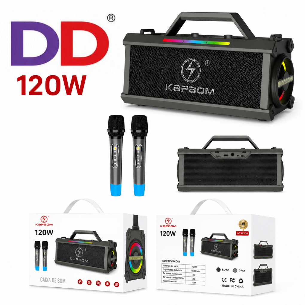 Caixa de som Bluetooth Potente 120w RMS portátil Mala Alça com 2 Microfones Radio Karaoke Mp3 Play RGB Bass 5.1