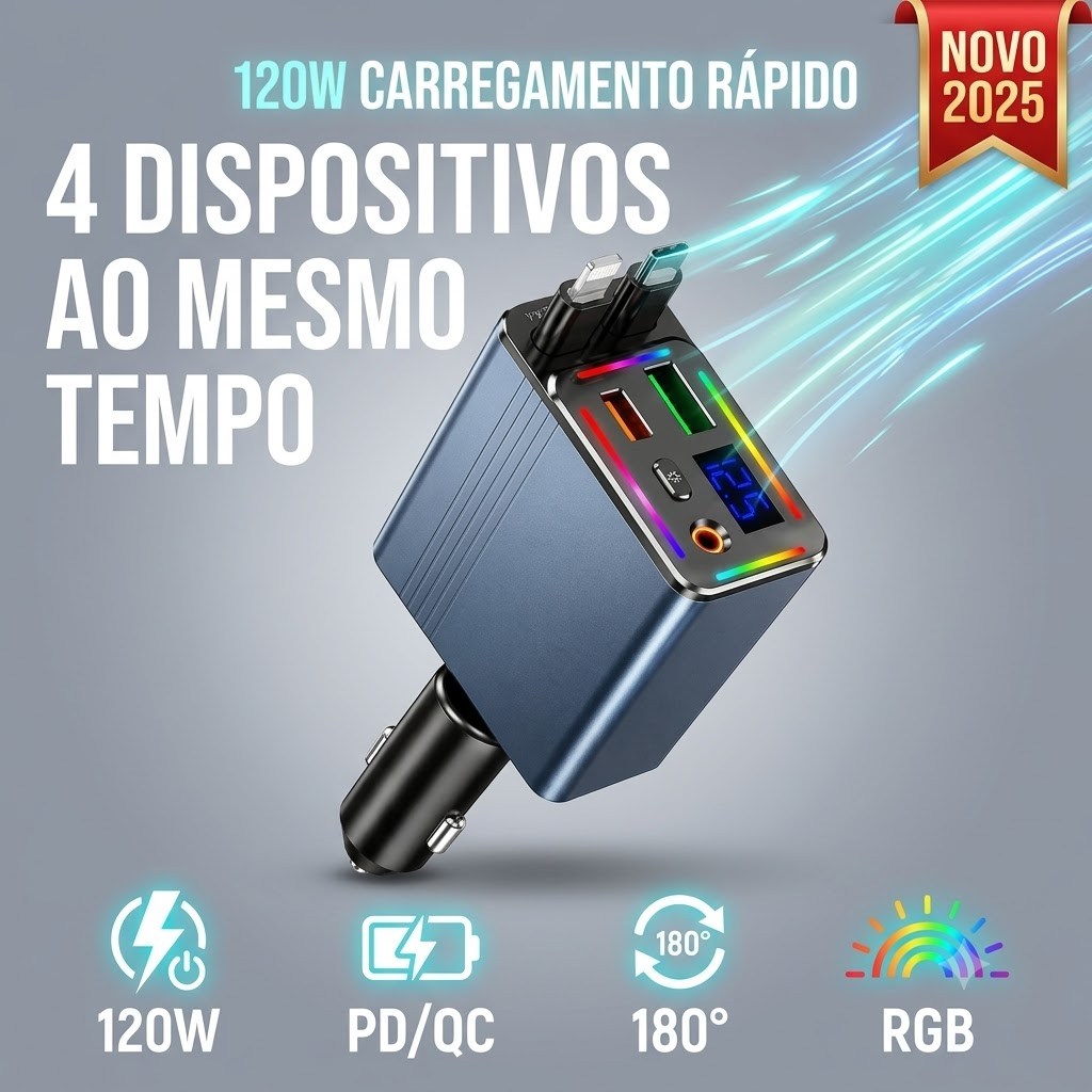 Carregador Veicular Retrátil 120W USB-C PD Fast Charge RGB 4 em 1 Universal