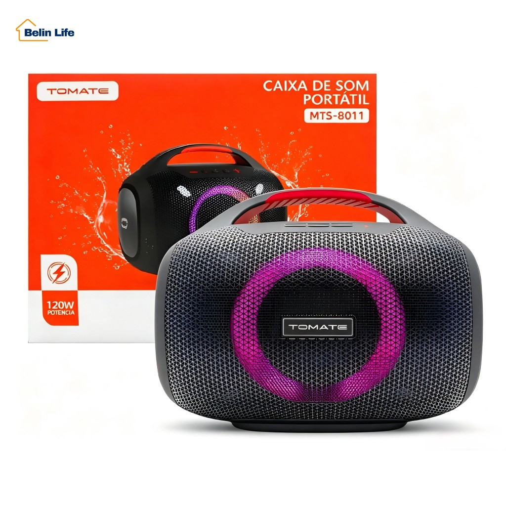 Caixa de Som Bluetooth Potente 120W MTS-8011 Bateria Longa LED RGB Tomate
