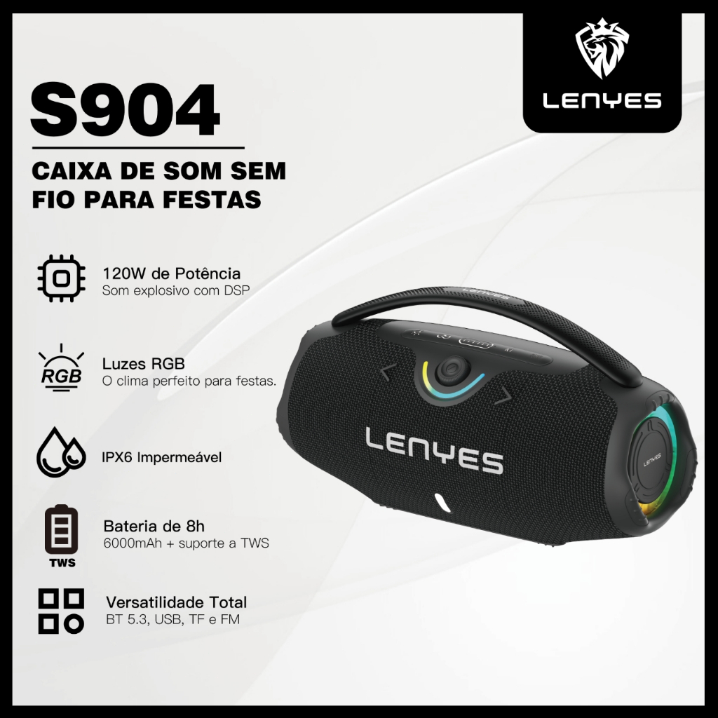 LENYES Caixa de Som Bluetooth Estéreo 120W Potente IPX6 TWS RGB