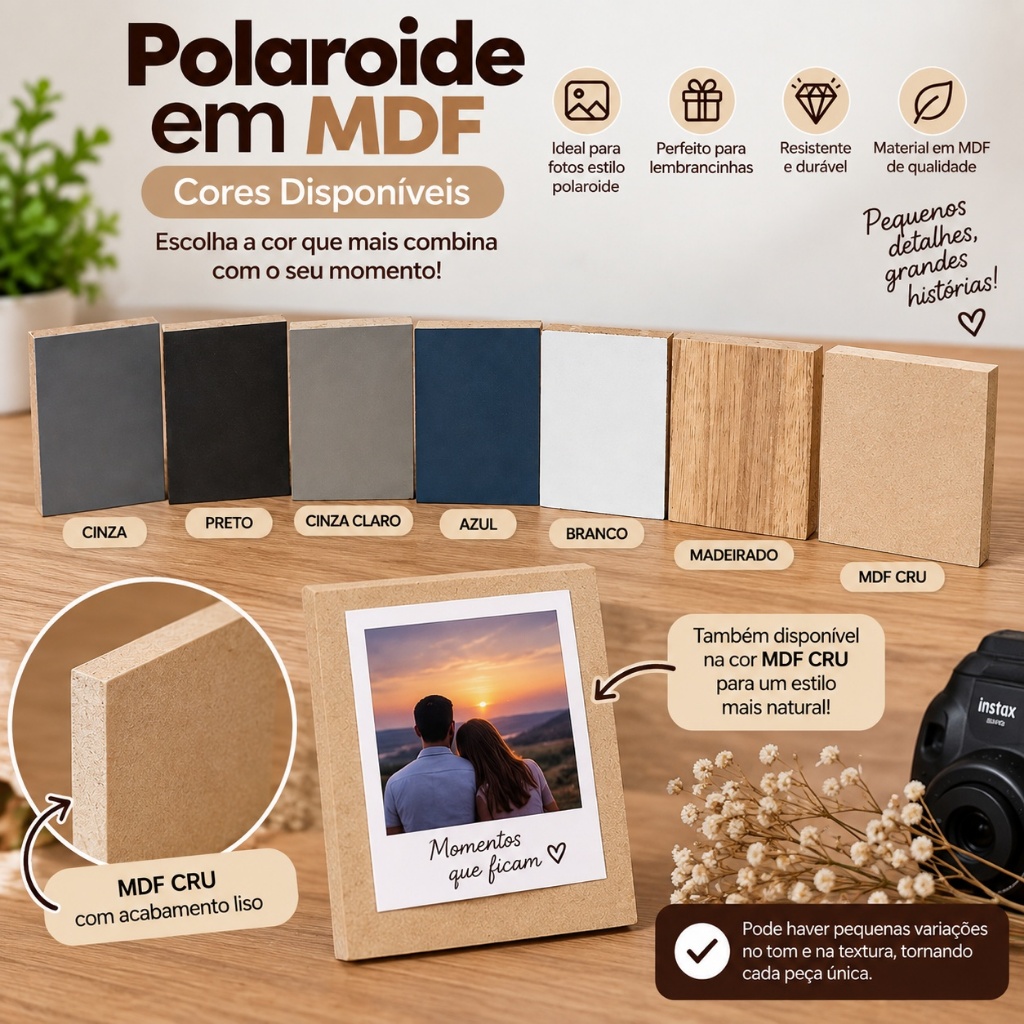 Kit 10 a 100 Bases MDF 10x8cm para Fotos Polaroid Porta Foto Mesa Adesivo Decoração Namorados 15mm