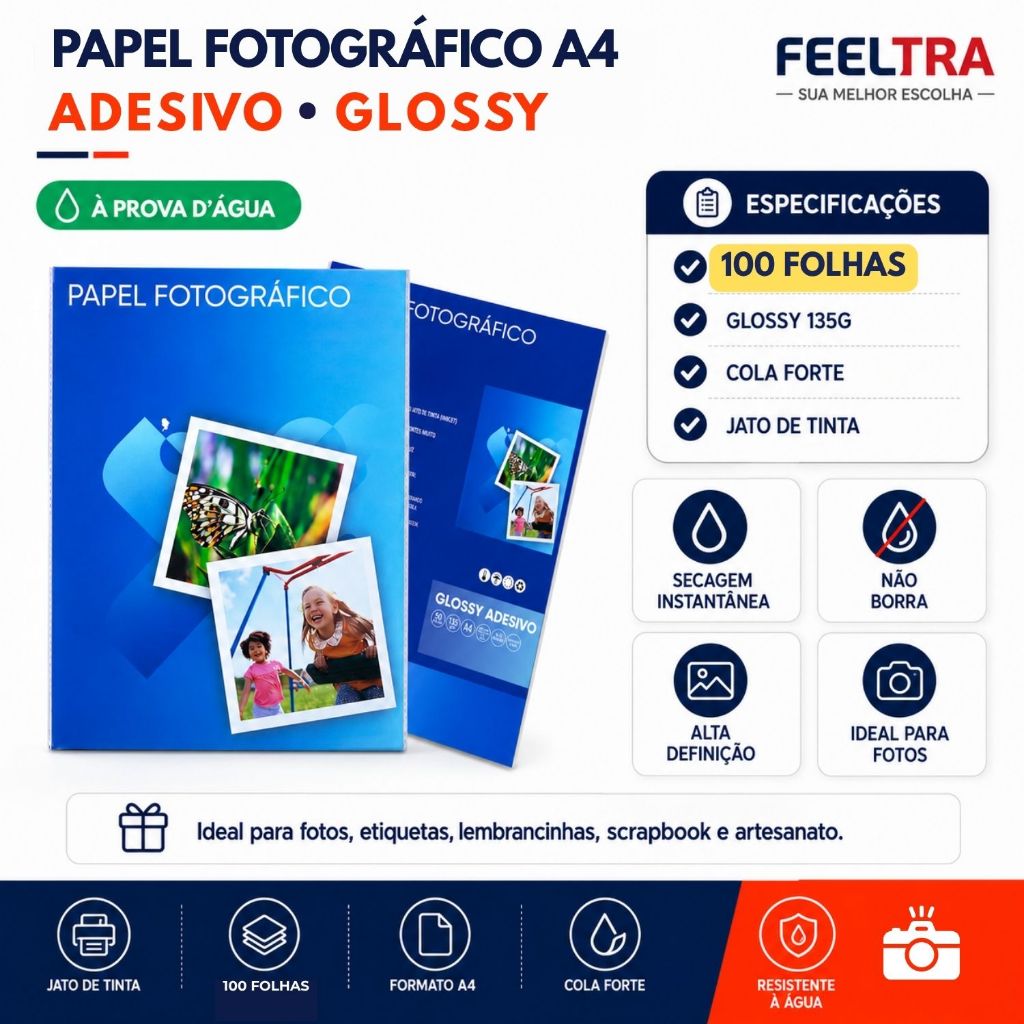 100 Folhas Papel Fotográfico Adesivo Brilhante 135g A4 Cola Forte Não Borra Glossy Prova Dágua Imprimir Foto Etiqueta