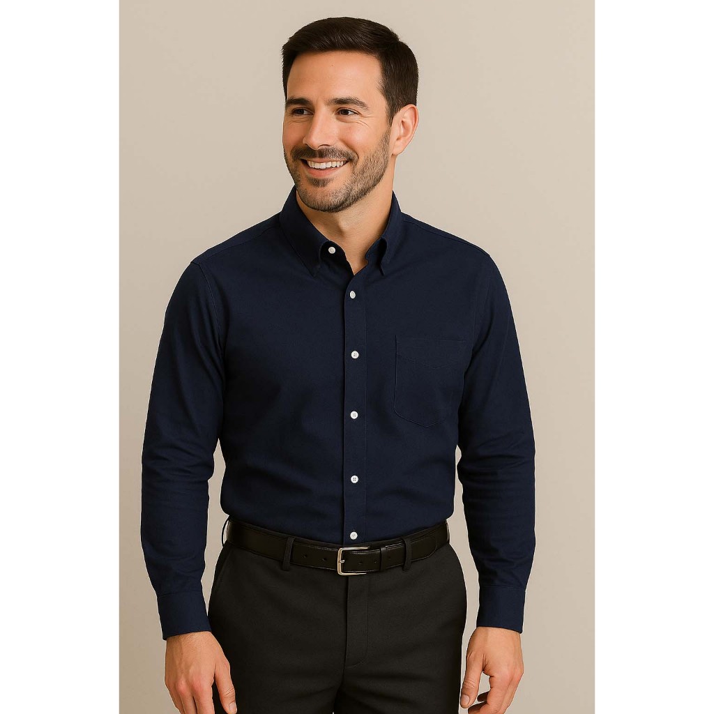 Camisa Social Manga Longa 100% Microfibra Masculina Azul Marinho Escuro Lisa Bom Pano