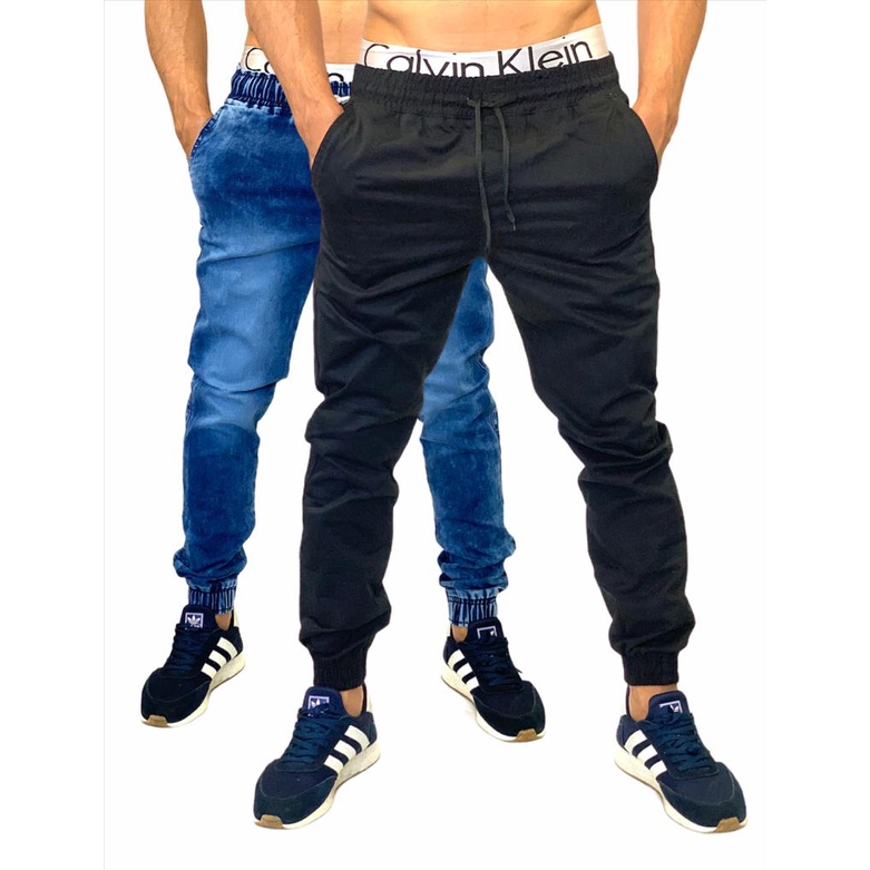 calça masculina jogger kit com duas Camuflada Verde Escuro Militar e Jeans Azul Marinho Sarja