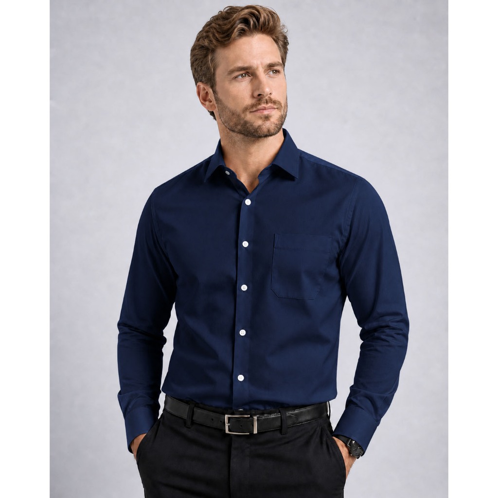 Camisa Social Masculina Manga Longa Azul Marinho Lisa Microfibra com Elastano Bolso Trabalho Uniforme Escritório