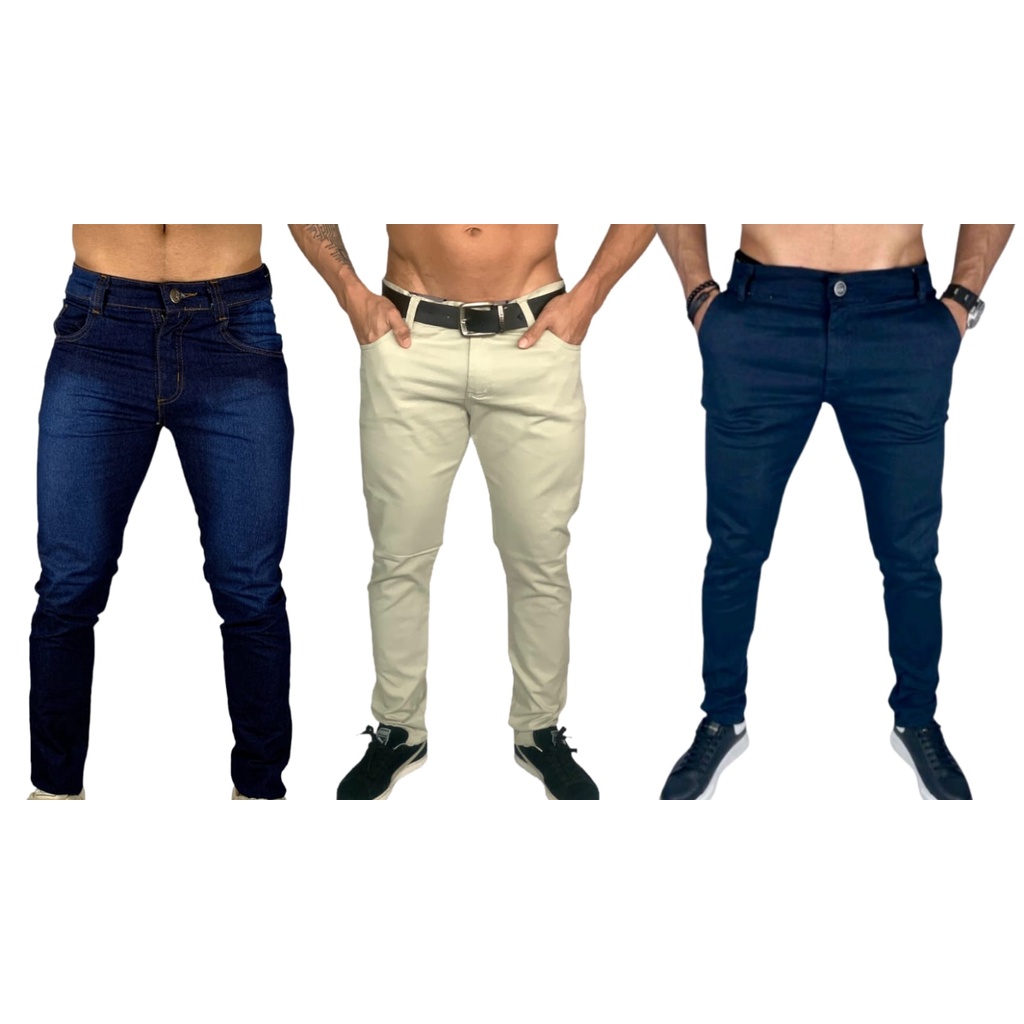 Kit com 3 Calças Jeans masculina Escuro Sport Fino Gelo e Azul marinho em Sarja Slim Fit